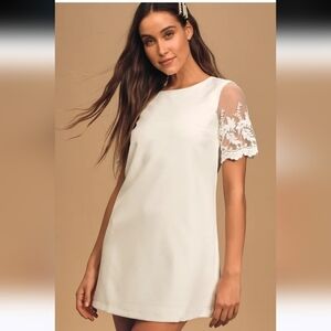 LULU'S Dance a Little Lace White Embroidered Short Sleeve Shift Dress. M NWT